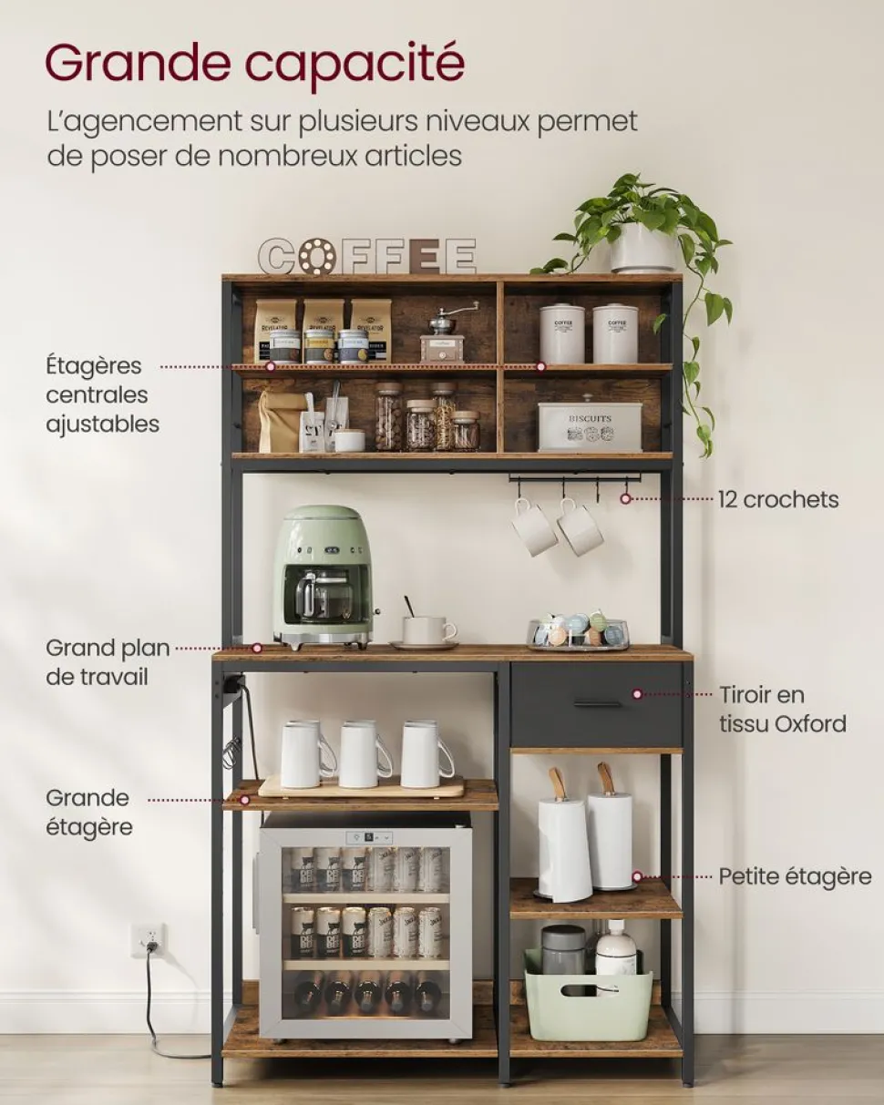 Best SONGMICS Étagère de cuisine avec multiprise marron rustique et noir d’encre