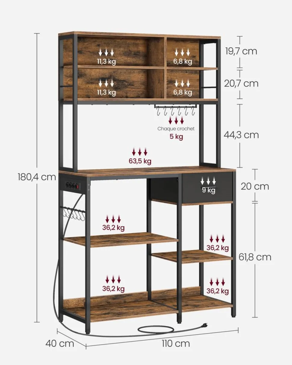 Best SONGMICS Étagère de cuisine avec multiprise marron rustique et noir d’encre
