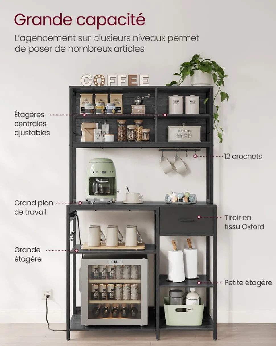 Best SONGMICS Étagère de cuisine avec multiprise marron rustique et noir d’encre