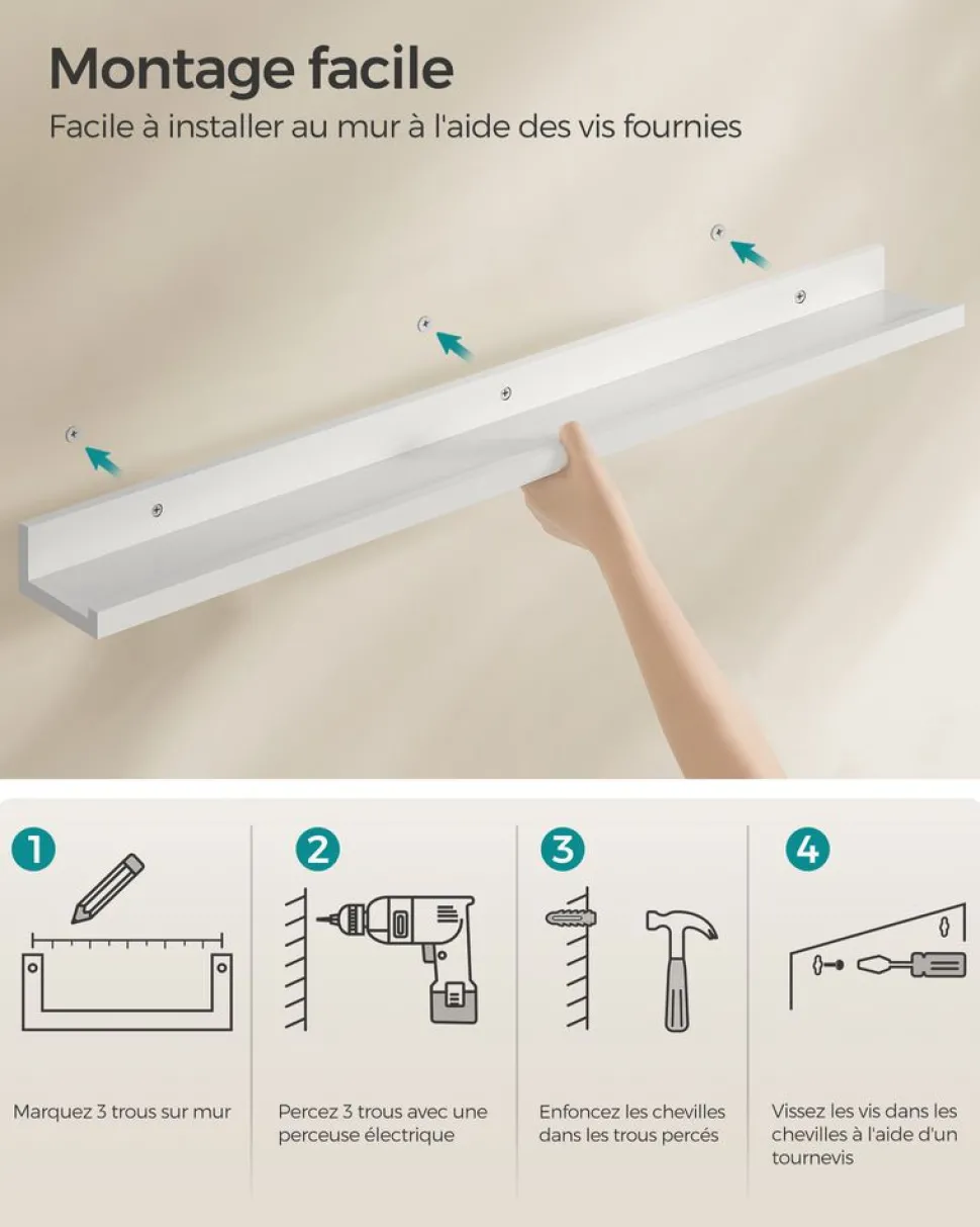 Shop SONGMICS Étagère murale 20 x 80 x 3,8 cm suspendue pour cadres photo blanc érable